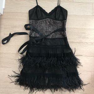 BCBGMaxAzria Black Lace Ostrich Feather Dress